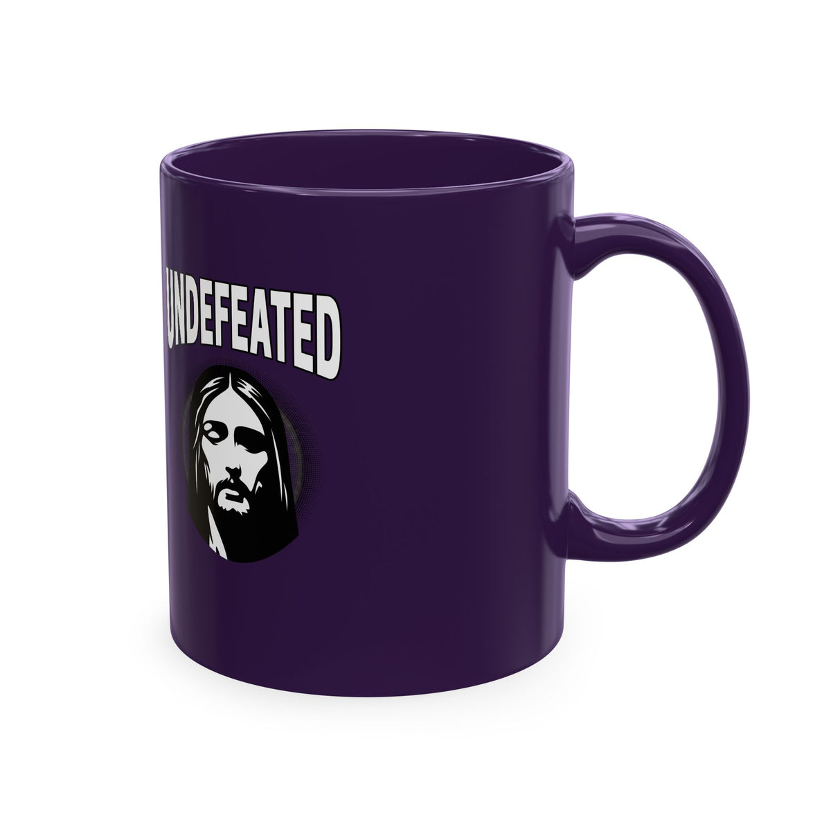 Undefeated Ceramic Mug — Black Motivational Coffee Cup with Vintage Portrait