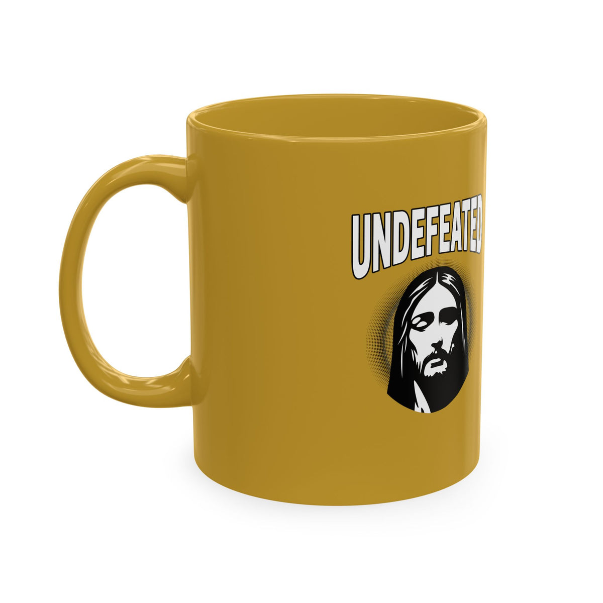 Undefeated Ceramic Mug — Black Motivational Coffee Cup with Vintage Portrait