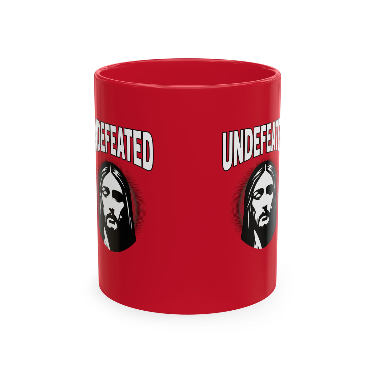 Undefeated Ceramic Mug — Black Motivational Coffee Cup with Vintage Portrait