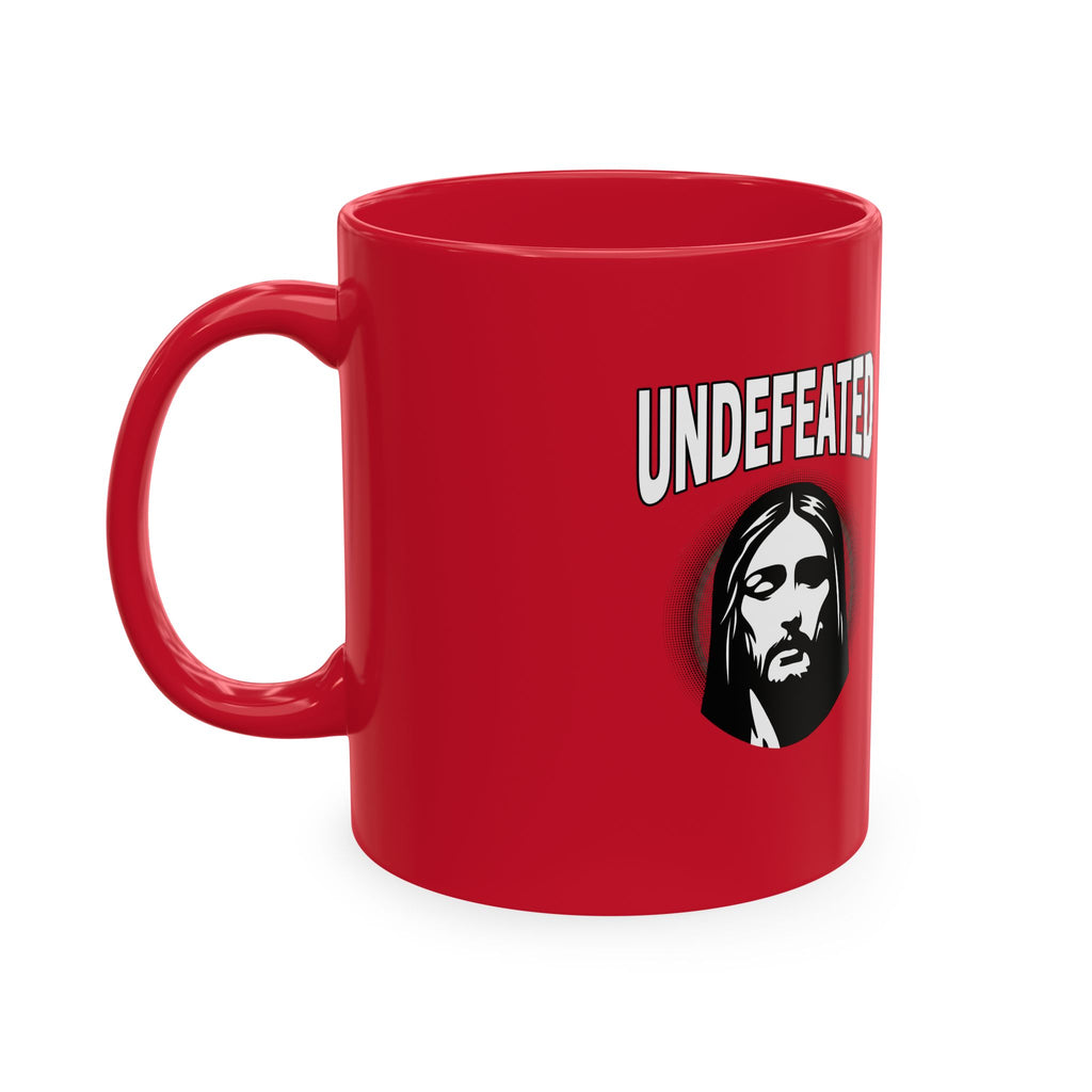 Undefeated Ceramic Mug — Black Motivational Coffee Cup with Vintage Portrait