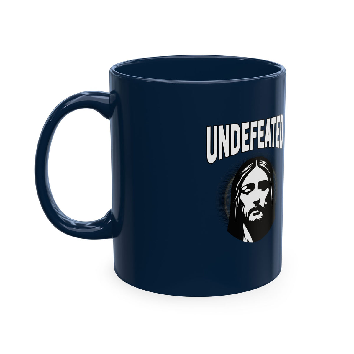 Undefeated Ceramic Mug — Black Motivational Coffee Cup with Vintage Portrait