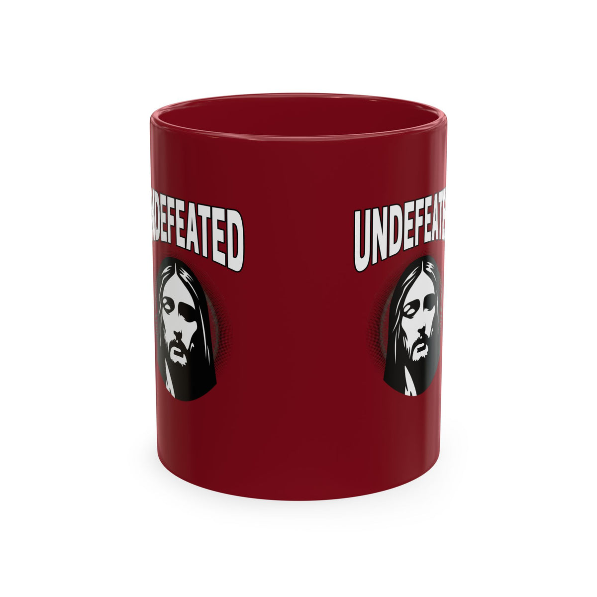 Undefeated Ceramic Mug — Black Motivational Coffee Cup with Vintage Portrait