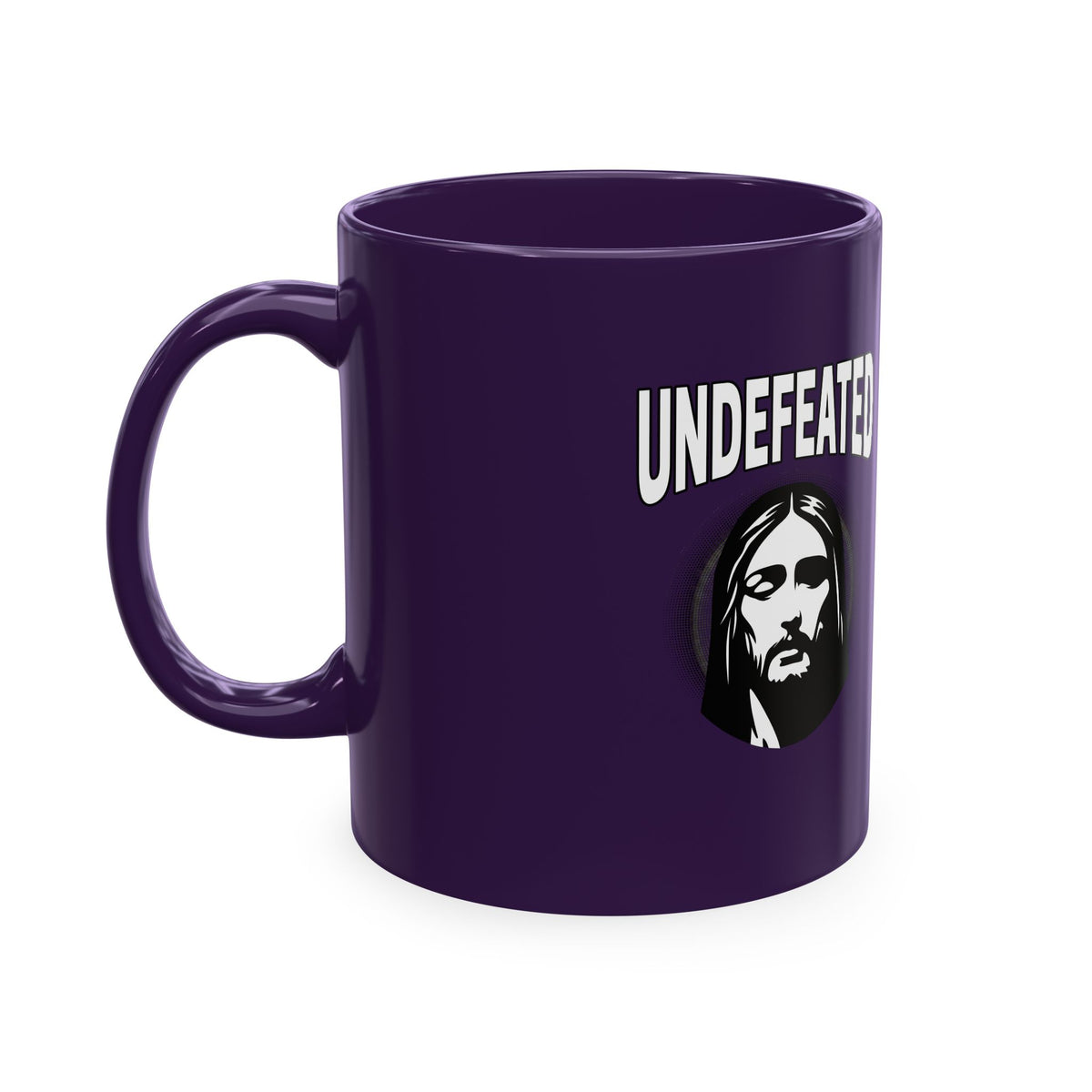 Undefeated Ceramic Mug — Black Motivational Coffee Cup with Vintage Portrait