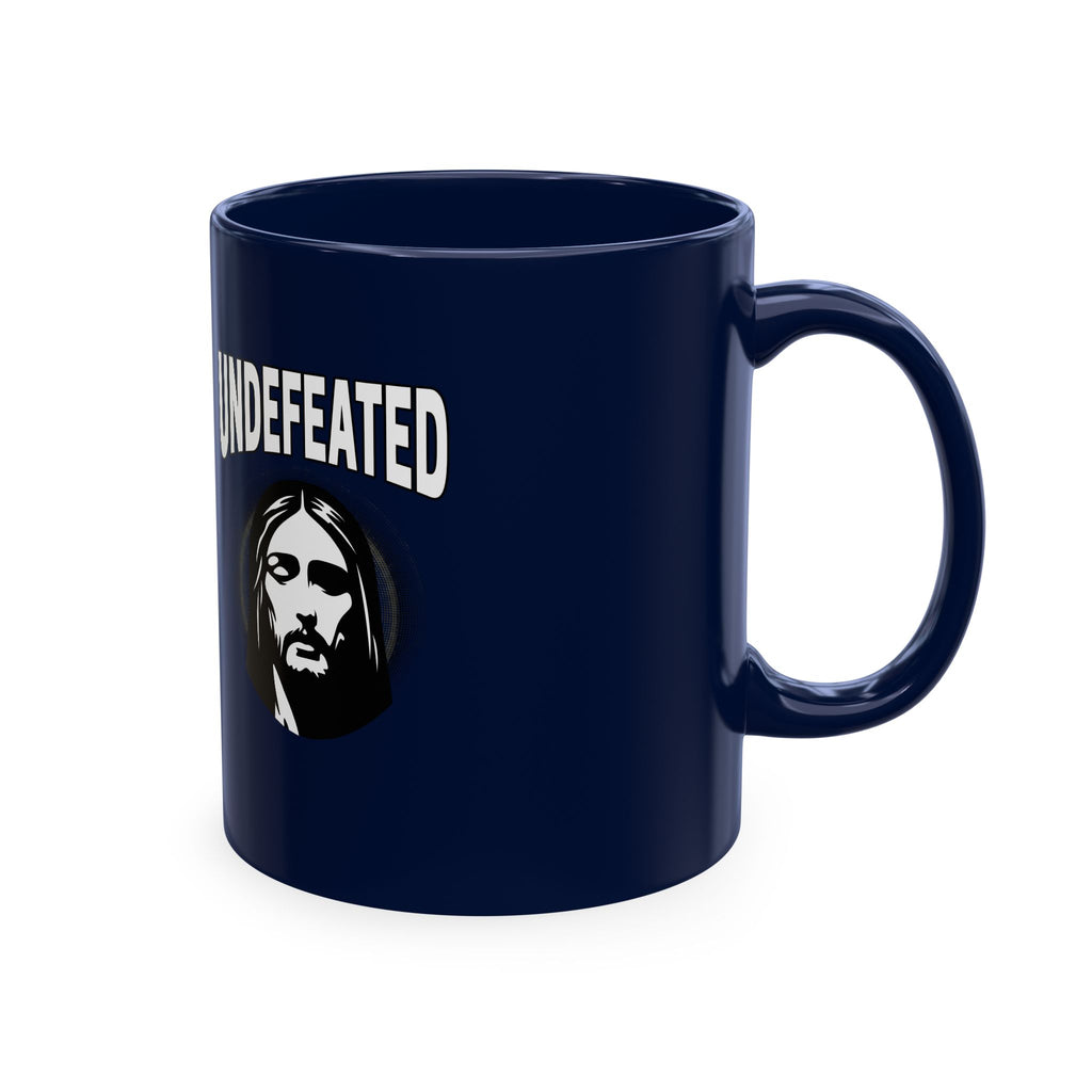 Undefeated Ceramic Mug — Black Motivational Coffee Cup with Vintage Portrait