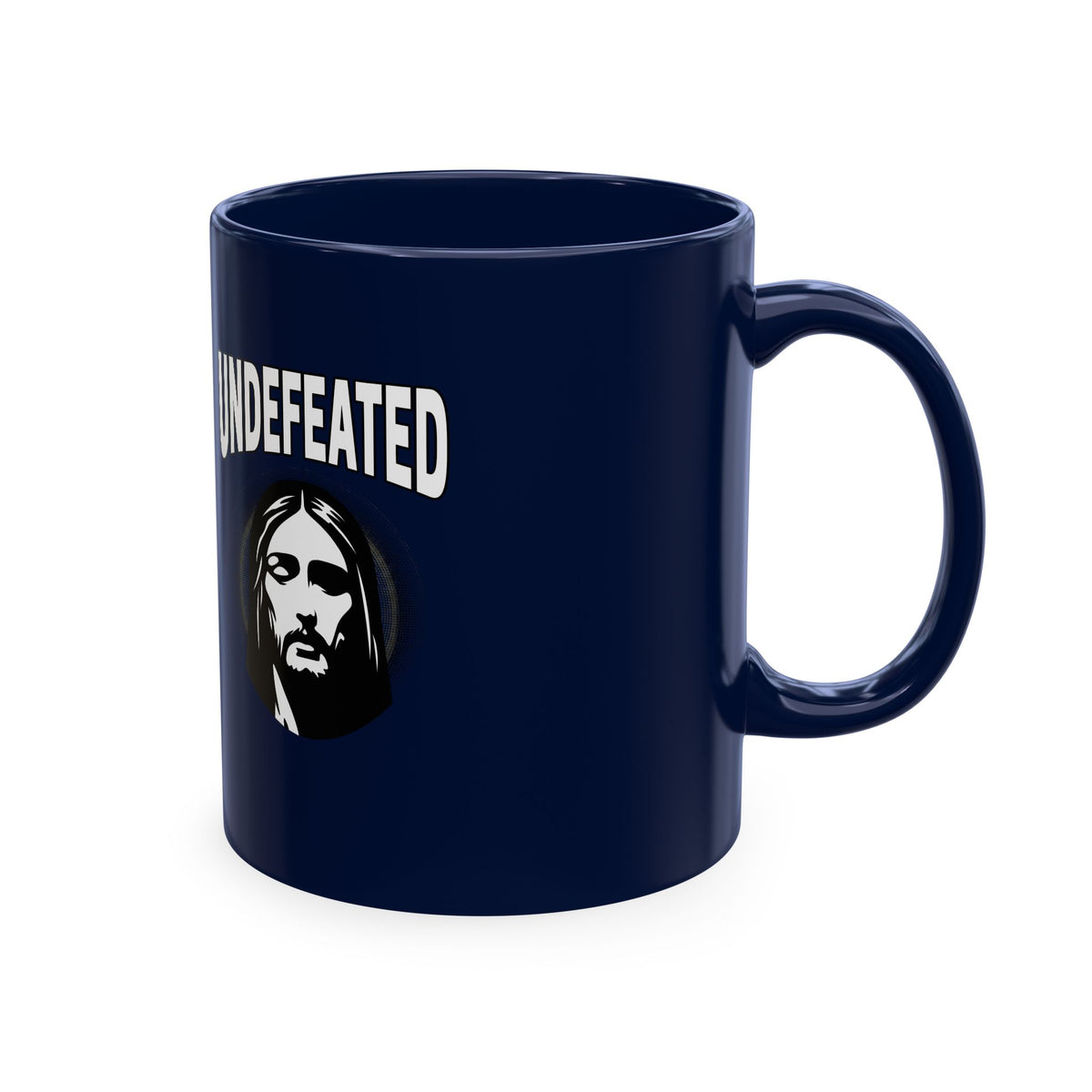 Undefeated Ceramic Mug — Black Motivational Coffee Cup with Vintage Portrait
